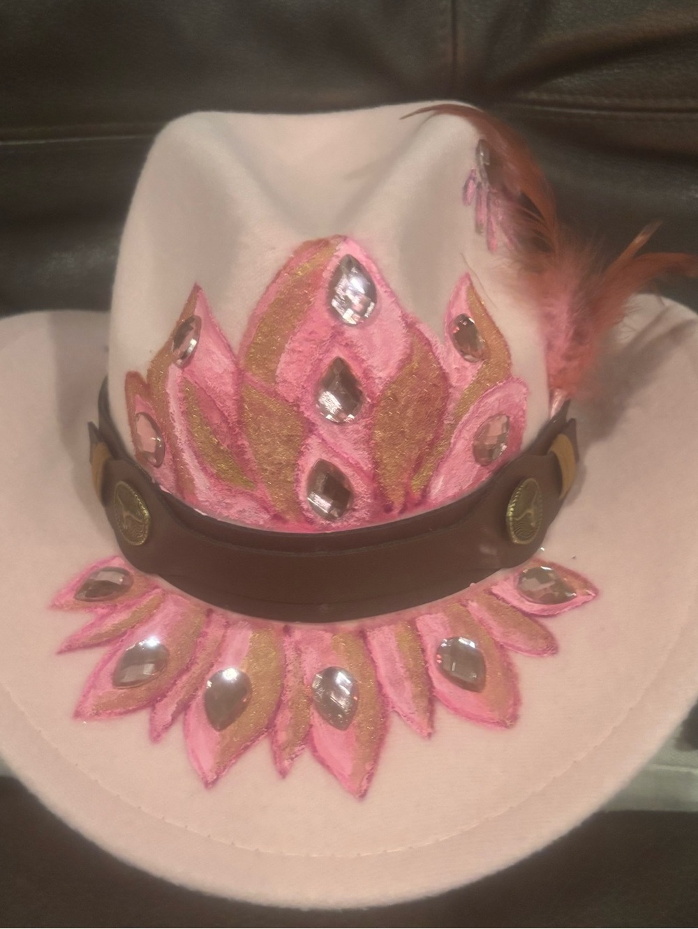 Pink Embellished Felt Fedora with Brown Band